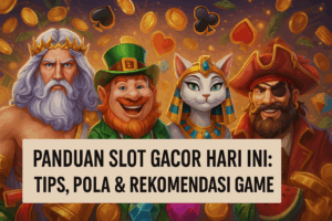 Banner Slot Gacor Hari Ini dengan karakter Zeus, leprechaun, dewi kucing Mesir, dan bajak laut di latar belakang kasino penuh koin emas